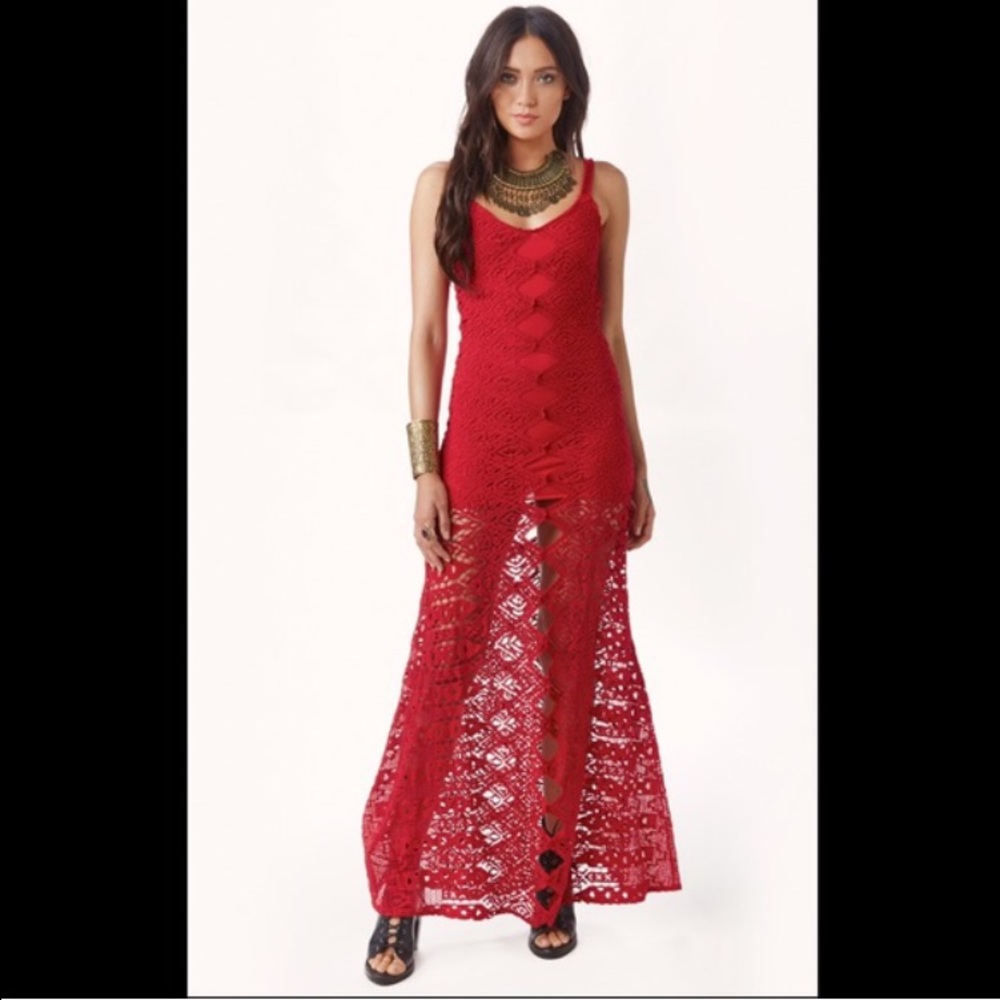 Jen's Pirate Booty Red Crochet Celestial Maxi Dress